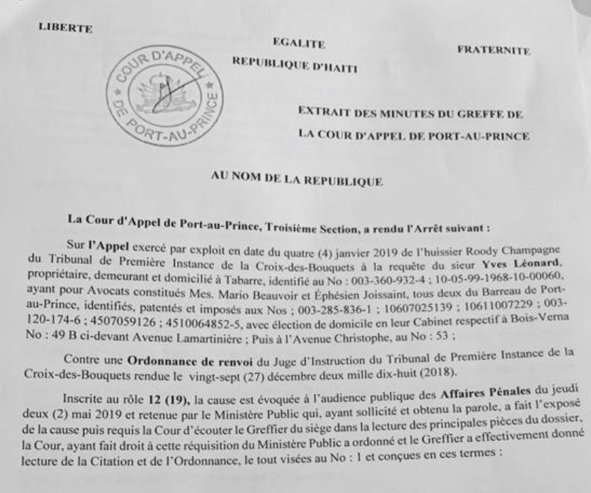 Affaire opposant le Maire Titulaire de Tabarre Nice Simon et l'inculpé Yves Leonard renvoyé au correctionnel