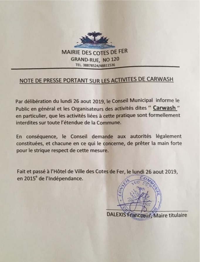 La Mairie des Côtes de Fer interdit toutes activités liées au "CarWash"