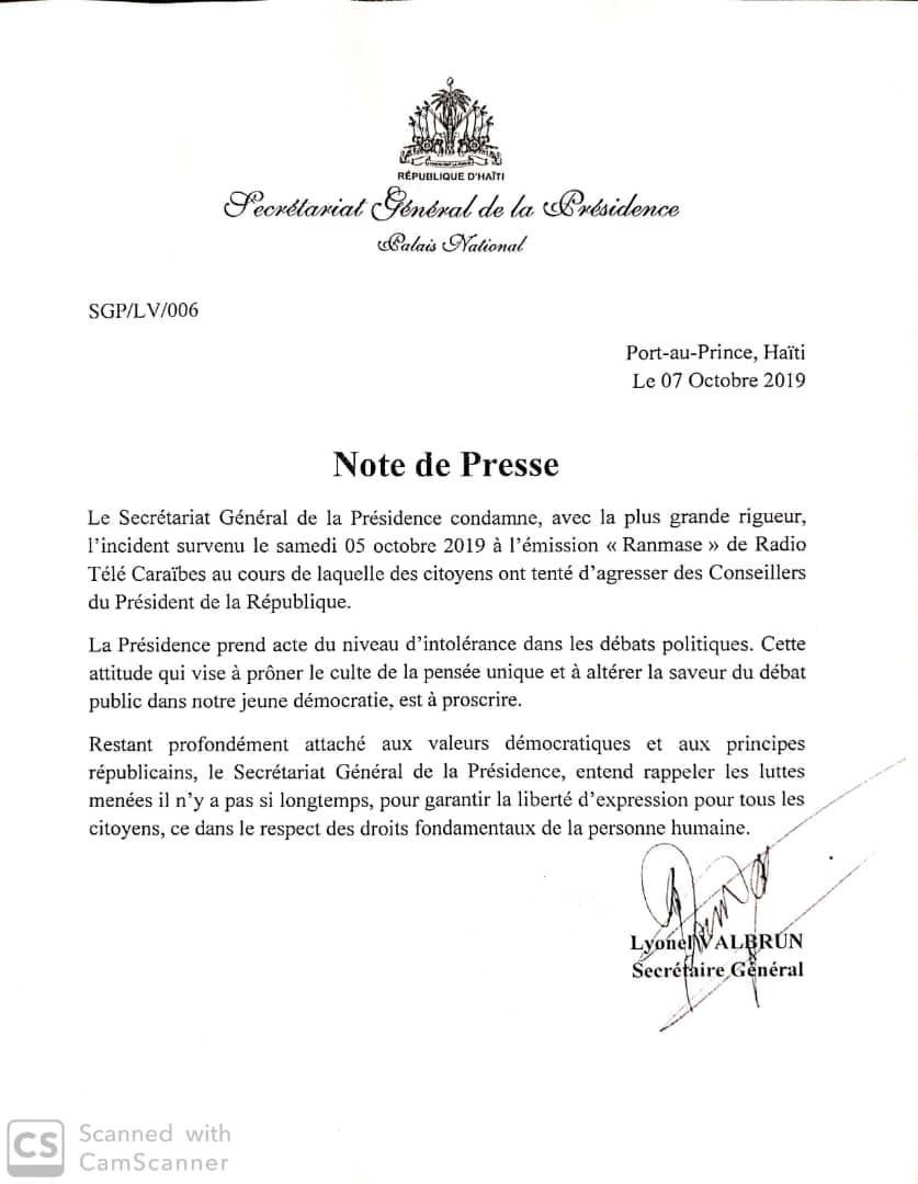 Palais National condamne l’agression contre ses conseillers