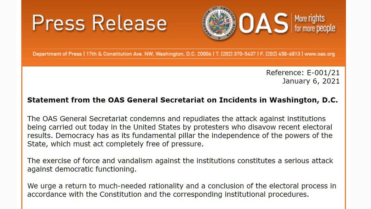 L’OEA condamne l’irruption des partisans de Donald Trump au congrès américain
