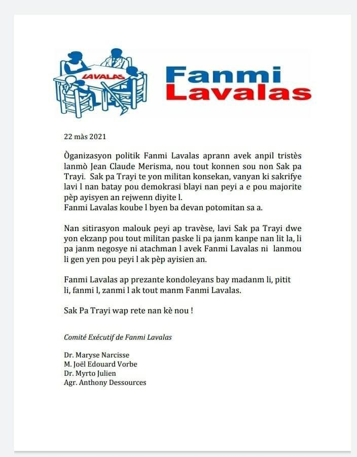 Fanmi Lavalas s'incline devant le départ de Jean Claude Merisma Fanmi Lavalas s'incline devant le départ de Jean Claude Merisma