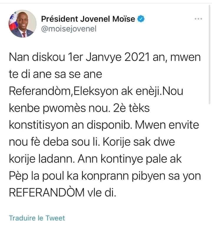 Jovenel Moïse contraint de supprimer son dernier tweet sur le référendum ?