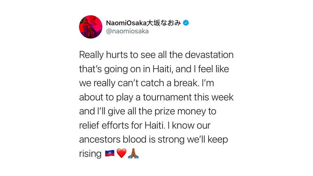 Séisme en Haïti: Naomi Osaka offre le prix en argent d'un tournoi pour aider Haïti