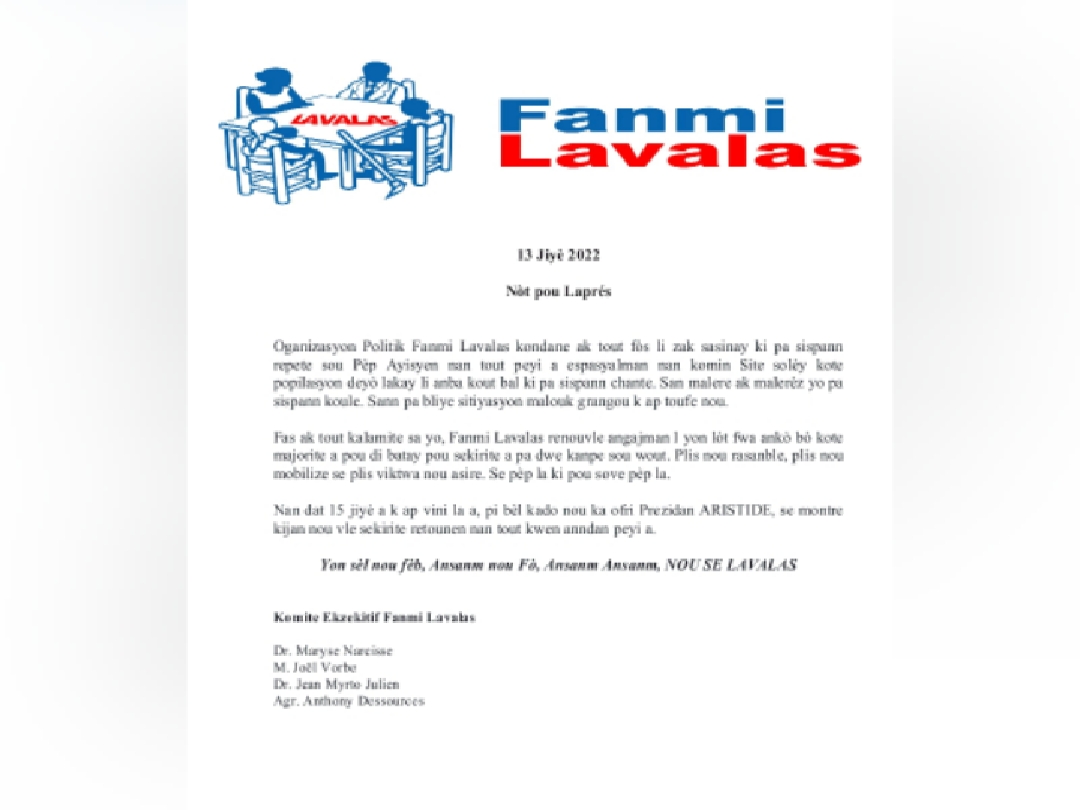 L'organisation politique « Fanmi Lavalas » invite ses sympathisants à prendre la rue contre l'insécurité