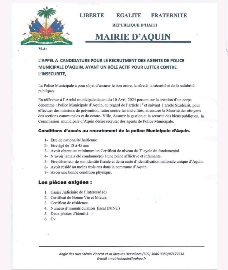 La mairie d'Aquin lance un recrutement en vue d'accueillir des agents de police municipale