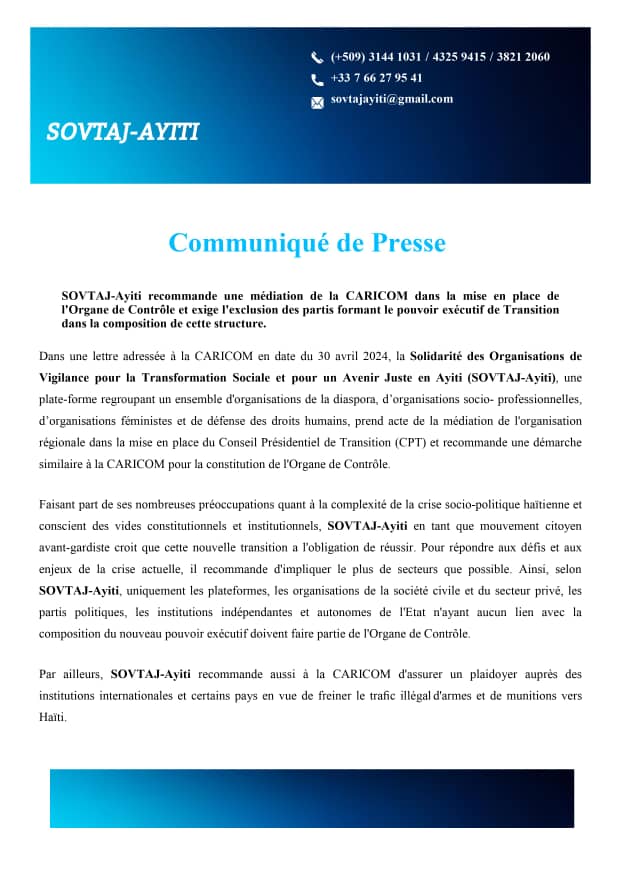 SOVTAJ-Ayiti recommande la médiation de la Caricom pour la constitution de l’Organe de contrôle