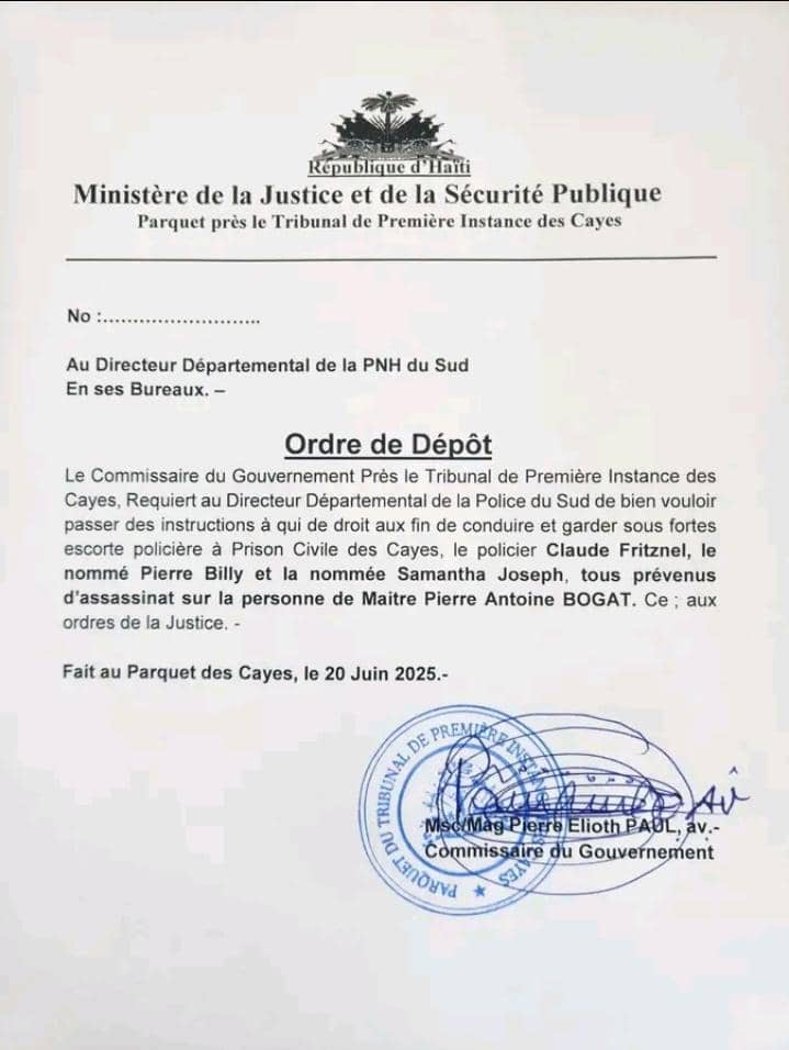 Assassinat de Me Pierre Antoine Borgat : trois suspects incarcérés sur ordre du parquet des Cayes Assassinat de Me Pierre Antoine Borgat : trois suspects incarcérés sur ordre du parquet des Cayes