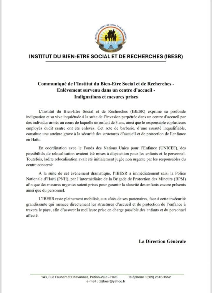 Un enfant de 3 ans et plusieurs adultes enlevés à Kenscoff : l’IBESR dénonce un acte barbare Un enfant de 3 ans et plusieurs adultes enlevés à Kenscoff : l’IBESR dénonce un acte barbare