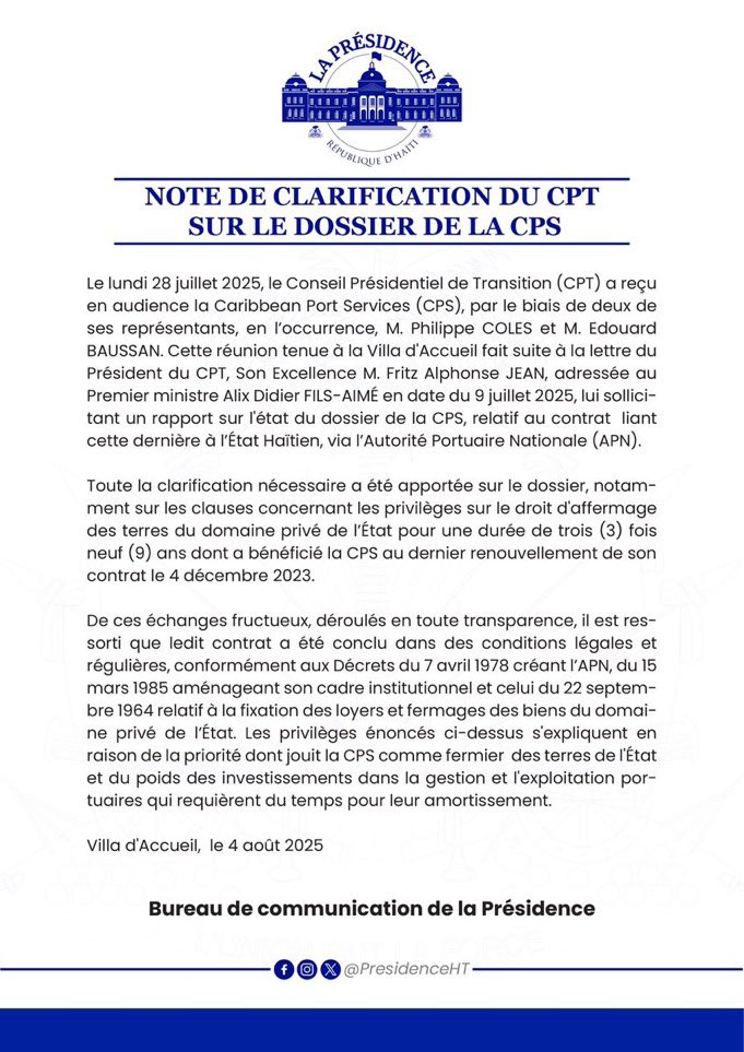 Le CPT clarifie le dossier de la Caribbean Port Services Le CPT clarifie le dossier de la Caribbean Port Services